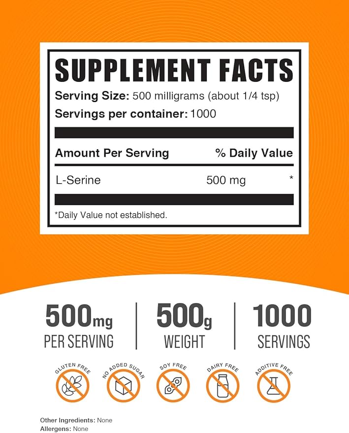 BulkSupplements.com L-Serine Powder - Serine Supplement, L-Serine 500mg - Amino Acid Supplement for Immune Support - Gluten Free, 500mg per Serving, 500g (1.1 lbs) (Pack of 1)