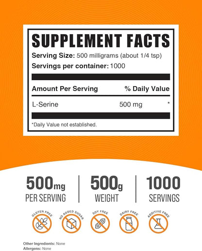BulkSupplements.com L-Serine Powder - Serine Supplement, L-Serine 500mg - Amino Acid Supplement for Immune Support - Gluten Free, 500mg per Serving, 500g (1.1 lbs) (Pack of 1)