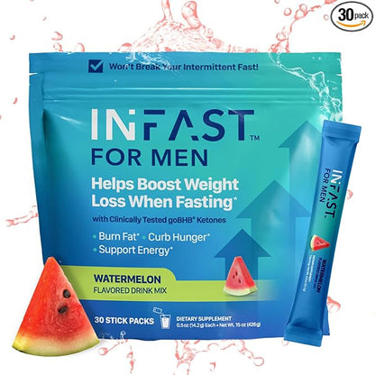 Real Ketones Intermittent Fasting Drink Mix for Men BHB Exogenous Ketones Powder with Fasting Electrolytes & Green Coffee Bean Extract for Sustainable Hydration Energy and Focus (Watermelon) - 30ct
