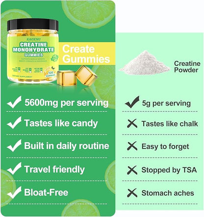 Creatine Monohydrate Gummies 5600mg for Men & Women, 120 CT Chewable Creatine Gummies for Muscle Support, Energy Boost, 5.6g of Creatine Monohydrate per Serving - Sugar Free, Vegan (Lemon Flavor)