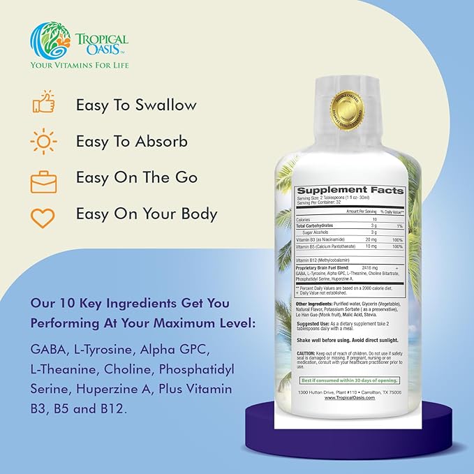 Tropical Oasis - Brain Power | Liquid Nootropic Supplement - Promotes Mental Clarity, Focus, and Memory Retention (Unflavored, 32 Servings)