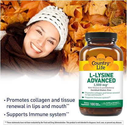 Country Life L-Lysine 1500mg Capsules with Vitamin D & Elderberry – Advanced Immune Support and Collagen Renewal – Certified Gluten-Free & Vegan – 180 Capsules