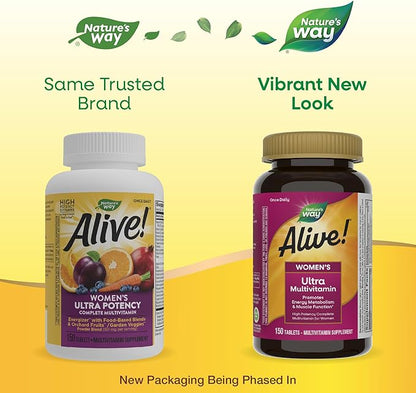 Nature's Way Alive! Women's Daily Ultra Multivitamin, High Potency Formula, Promotes Energy Metabolism and Muscle Function*, with Methylated B12, 150 Tablets (Packaging May Vary)