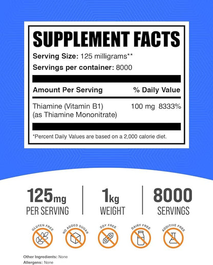 BulkSupplements.com Thiamine Mononitrate Powder - Vitamin B1 Powder, Thiamine B1 Supplement - B1 Vitamins, Gluten Free, 125mg per Serving, 1kg (2.2 lbs) (Pack of 1)