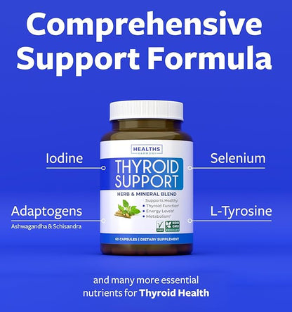 Thyroid Support with Iodine (Non-GMO) Improve Your Energy & Mood - Metabolism Booster for Weight Loss - Thyroid Health Supplement for Women and for Men - Ashwagandha, Zinc, B12 Complex - 60 Capsules