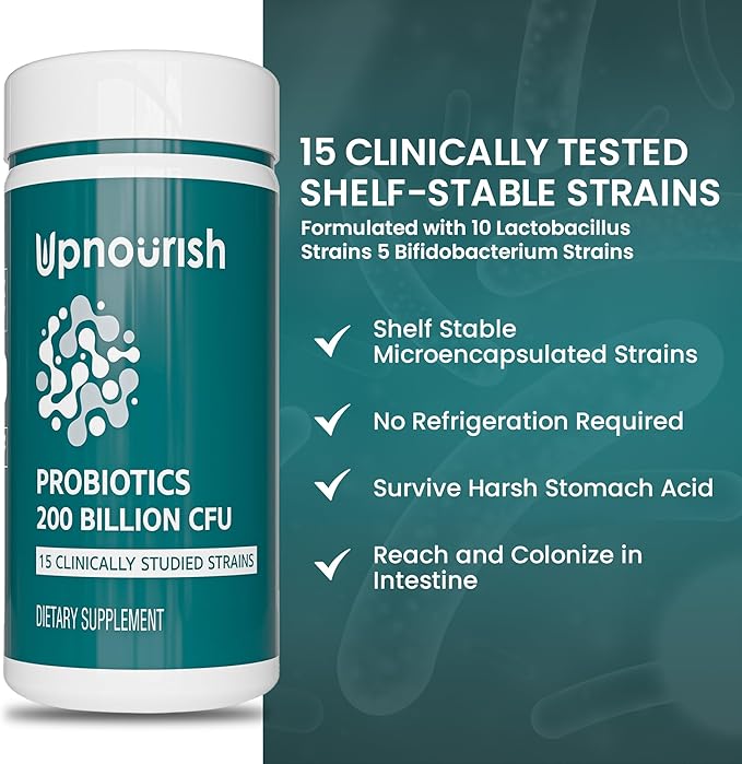 UpNourish Probiotics - 200 Billion CFUs, 15 Strains, Prebiotics & Enzymes - 60 Vegan Capsules