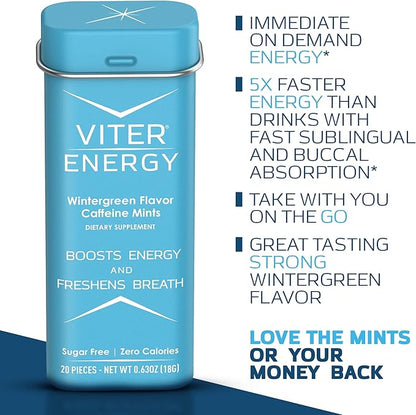Viter Energy Caffeinated Mints 40mg Caffeine, B Vitamins, Sugar Free. (Wintergreen, 20pcs, 6 Pack)