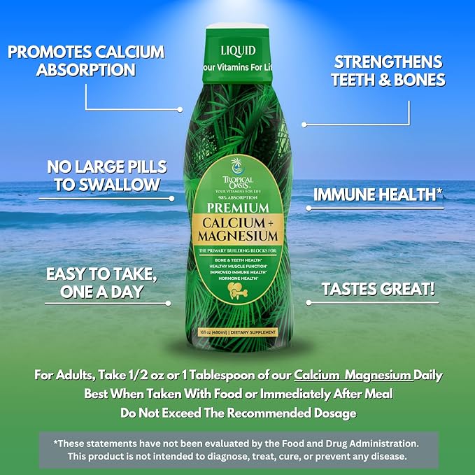 Premium Liquid Calcium Magnesium Supplement | Promotes Strong Bones & Healthy Teeth | Natural Liquid Vitamin w/Calcium, Magnesium Citrate, Boron & Vitamin D3 | 98% Max Absorption | 16oz, 32 Serv