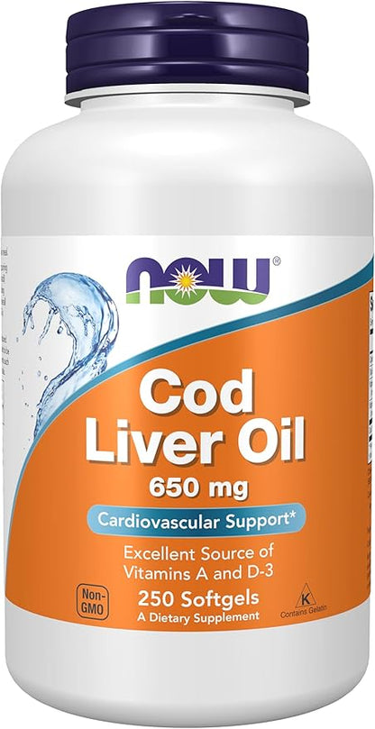 NOW Foods Supplements, Cod Liver Oil 650 mg, Excellent Source of Vitamins A and D-3, 250 Softgels