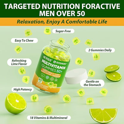 Multivitamin For Men 50 + Plus, Sugar Free Men Multivitamins Gummies w/Omega-3, Coq10, D3k2, Calcium, Magnesium, Zinc, Vitamins A, C & E, Mens Vitamins for 𝖧𝖾❤𝖱𝗍, Antioxidant, Brain, Bone, 60cts