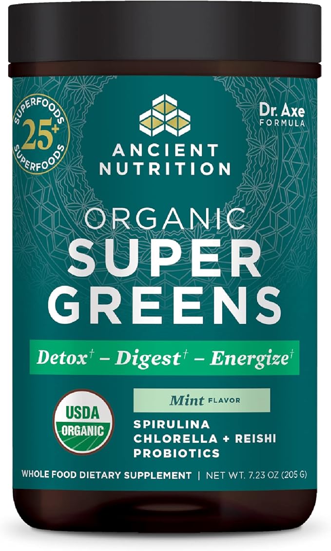 Ancient Nutrition SuperGreens Powder with Probiotics, Organic Peppermint Flavor Greens, Made from Real Fruits, Vegetables and Herbs, Digestive and Energy Support, 25 Servings, 7.23oz