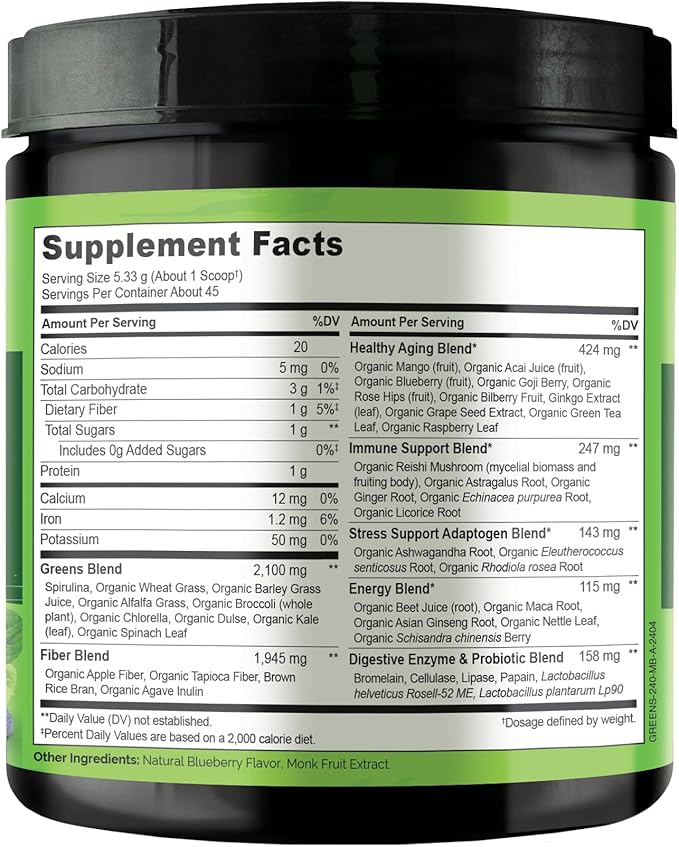 NATURELO Raw Greens Superfood Powder - Mixed Berry - Boost Energy, Detox, Enhance Health - Organic Spirulina - Wheat Grass - Whole Food Nutrition from Fruits and Vegetables - 240 Grams