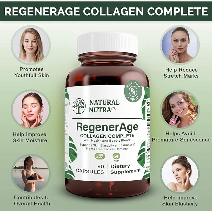 Natural Nutra RegenerAge Complete Supplement for Skin Health with Protein Peptides, Reduce Stretch Marks, Contributes Overall Health, Vitamin C, Grape Seed Red Wine Extract, Gluten Free, 90 Capsules.