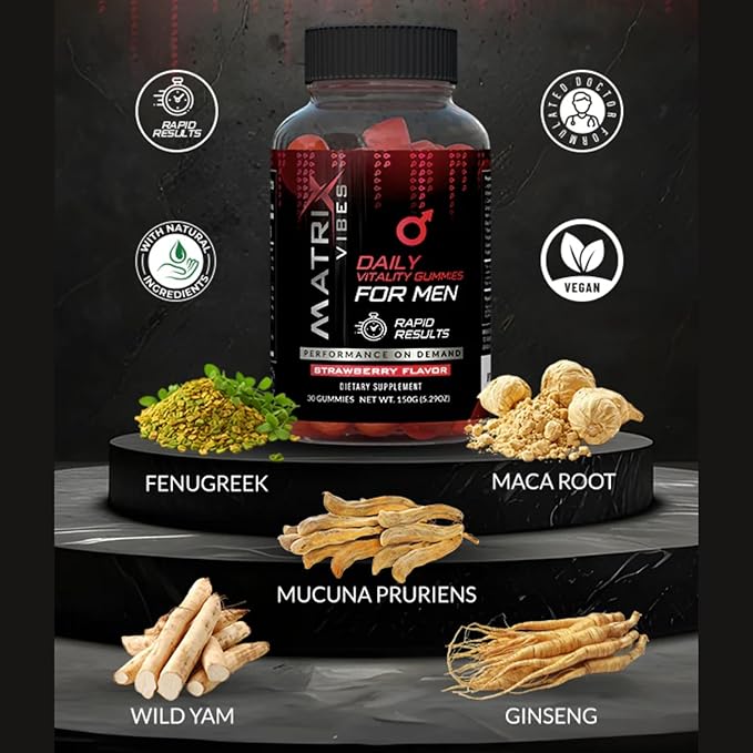 Daily Vitality Gummies for Men - Holistic Well-Being Support - Adaptogen-Enriched - Delicious Strawberry Flavor - 30-Day Supply