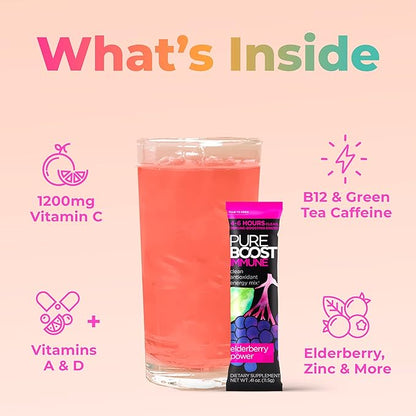 Pureboost Immune Clean Energy Booster, Refreshing Energy Drink Mix and Immunity Supplement with Elderberry, 1,200 mg Vitamin C, Vitamins A + D, and Zinc. Sugar-Free Energy (Combo Pack, 30 Count)