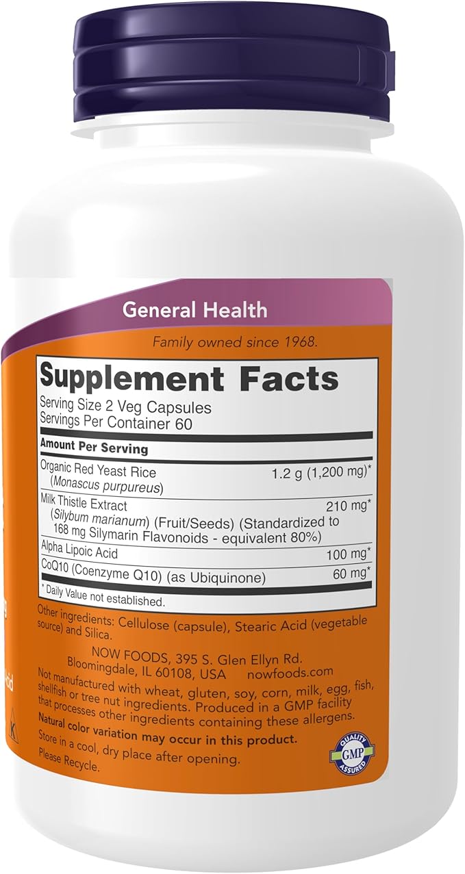 NOW Foods Supplements, Red Yeast Rice with CoQ10, plus Milk Thistle & Alpha Lipoic Acid, 120 Veg Capsules