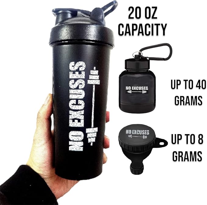 Protein Shaker Bottle, Shaker Bottles For Protein Mixes; Pre Workout With Protein Powder Container To Go, Protein Powder Travel Container & Gym Keychain Container Included.
