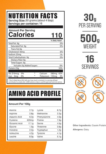 BulkSupplements.com Casein Protein Powder - Micellar Casein Powder, Protein Powder Casein, Casein Powder - Unflavored & Gluten Free, 30g per Serving, 500g (1.1 lbs)