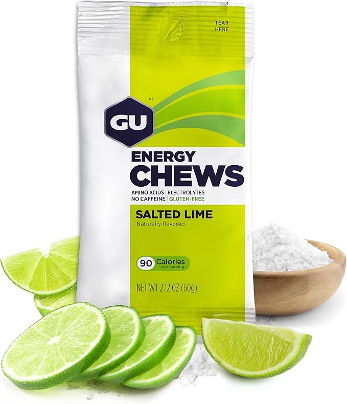 GU Energy Chews, Salted Lime Energy Gummies with Electrolytes, Vegan, Gluten-Free, Kosher, Caffeine-Free, and Dairy-Free On-The-Go Energy for Any Workout, 12 Bags (24 Servings Total)