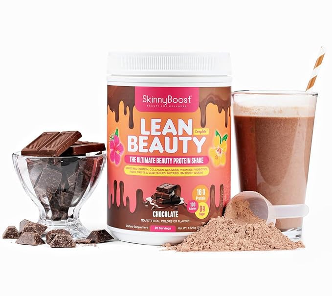 Lean Beauty Shake Protein Powder-Chocolate- Grass Fed Whey Protein, Hydrolyzed Collagen, Beauty Ingredients, Vitamins and Metabolism Support, No Sugars, All Natural, 20 Servings, Made in USA