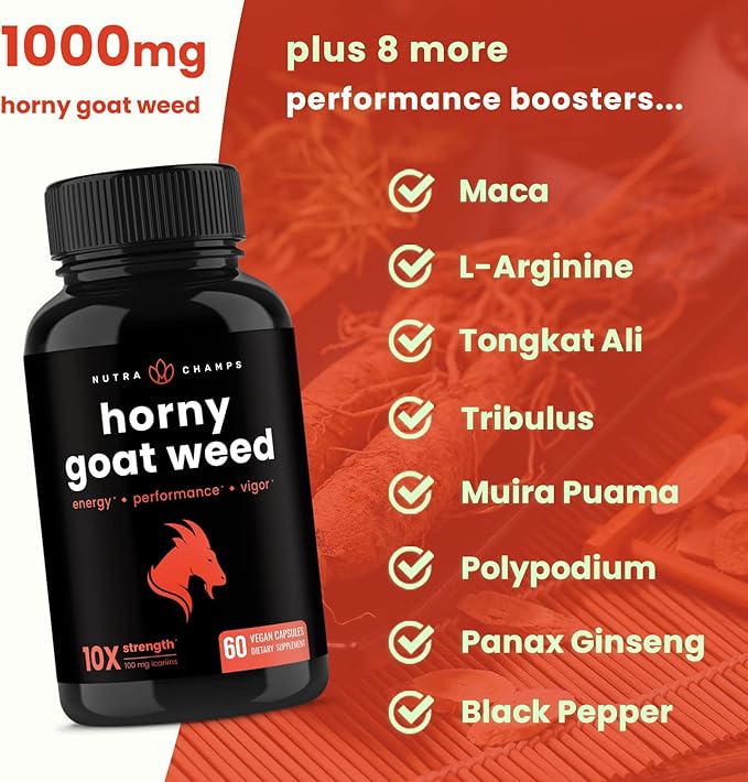 Horny Goat Weed for Men & Women | 1000mg Epimedium Energy Supplement | 10X Strength Icariin | Ginseng, Tribulus & Maca Pills for Women & Men | Enhanced Absorption with Black Pepper | 60 Vegan Capsules