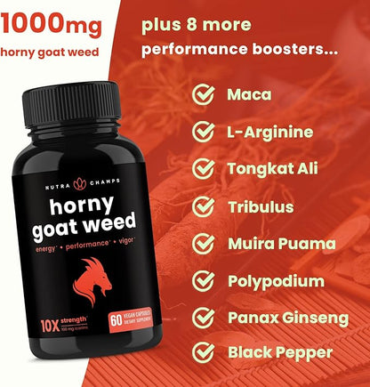 Horny Goat Weed for Men & Women | 1000mg Epimedium Energy Supplement | 10X Strength Icariin | Ginseng, Tribulus & Maca Pills for Women & Men | Enhanced Absorption with Black Pepper | 60 Vegan Capsules