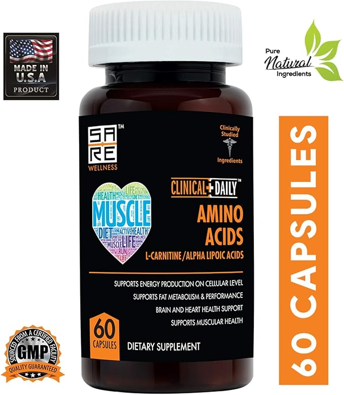 CLINICAL DAILY Acetyl L Carnitine - Alpha Lipoic Essential Amino Acids Supplements Capsules for Women, Men or Elderly- ALCAR ALA Complex Helps Boost Metabolism, Brain, Heart, & Muscle Health- 60 Pills