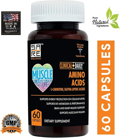 CLINICAL DAILY Acetyl L Carnitine - Alpha Lipoic Essential Amino Acids Supplements Capsules for Women, Men or Elderly- ALCAR ALA Complex Helps Boost Metabolism, Brain, Heart, & Muscle Health- 60 Pills