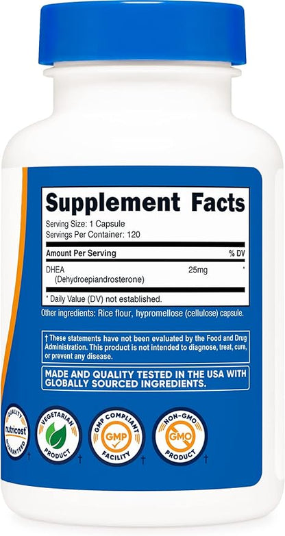 Nutricost DHEA 25mg, 120 Capsules - Gluten Free, Soy Free, Non-GMO, Supplement