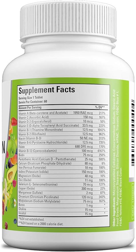 HAYAT Vitamins Vegan Natural Multivitamin, Daily Vitamins with Vitamin A, C, D, E, B1, B2, B3, B6, B12, Biotin, Zinc and More, 2 Month Supply, All Natural, Certified Halal, 60 Tablets, Made in The USA
