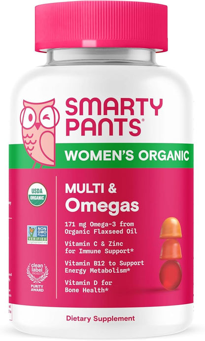 SmartyPants Organic Women's Multivitamin Gummies: Biotin, Methylfolate, Omega 3 (ALA), Vitamin D3, C, Vitamin B12, B6, Vitamin A, K & Zinc, Gluten Free, Vegetarian, 120 Count (30 Day Supply)