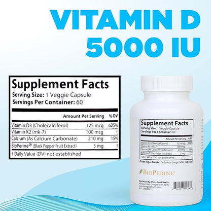 Thrive Good Vitamin K2 D3 - Multivitamin for Women & Men, Daily Dietary Supplement with Vitamin K MK-7, Vitamin D3, Calcium & Black Pepper Fruit Extract - Formulated & Made in USA - 60 Veggie Capsules