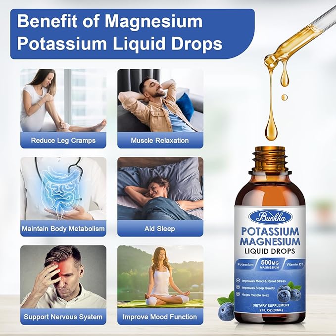 Potassium Magnesium Liquid Drops Supplement with Potassium 99mg, Magnesium 500mg,Calcium, Vitamin D3, Zinc, for Leg Cramps, Energy, Metabolism, for Adult and Kid,Sugar Free