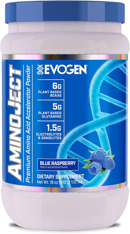Evogen AminoJect - Amino Acid Accelerator Powder | Supports Muscle Recovery & Hydration | Plant-Based BCAAs, Glutamine, Electrolytes | Blue Raspberry | 30 Servings