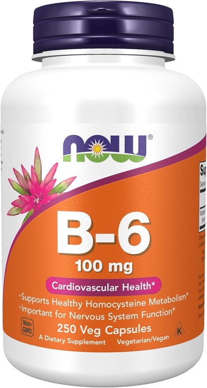NOW Foods Supplements, Vitamin B-6 (Pyridoxine HCl) 100 mg, Cardiovascular Health, 250 Veg Capsules
