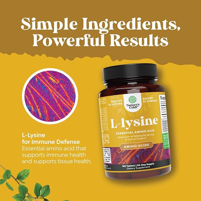 L Lysine 1000mg Free Form - High Strength L-Lysine Supplement for Eye Health Lip Care Collagen Synthesis and Immune Support - Essential Amino Acid Vegan Non-GMO 1000mg per Serving - 100 Tablets