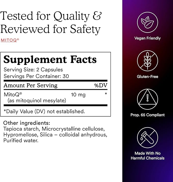 MitoQ Pure Mitochondria-targeted Antioxidant Supplement | Reducing Free Radical Damage & Oxidative Stress | Supports Cellular Longevity, Metabolic Health, Healthier Aging, and Energy (60 Capsules)