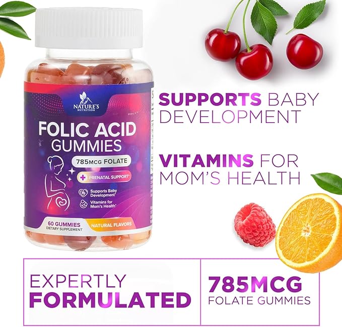 Folic Acid Gummies for Women 785 mcg, Essential Prenatal Vitamins for Mom & Baby, Vegan Folic Supplement Gummy, Vitamin B9 Chewable Extra Strength Folate, Before During After Pregnancy - 60 Gummies