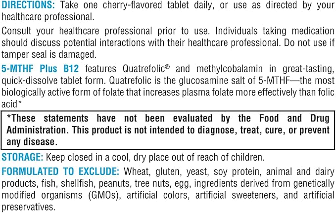 XYMOGEN 5-MTHF Plus B12 - Biologically Active Folate + Methyl B12 (Methylcobalamin) to Support Methylation and Nervous System Health - Great-Tasting Cherry Flavor (30 Quick-Dissolve Tablets)