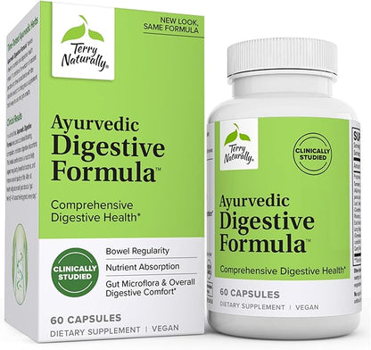 Terry Naturally Ayurvedic Digestive Formula - 60 Capsules - Promotes Bowel Regularity, Gut Microflora & Nutrient Absorption - Non-GMO, Vegan, Gluten Free - 30 Servings