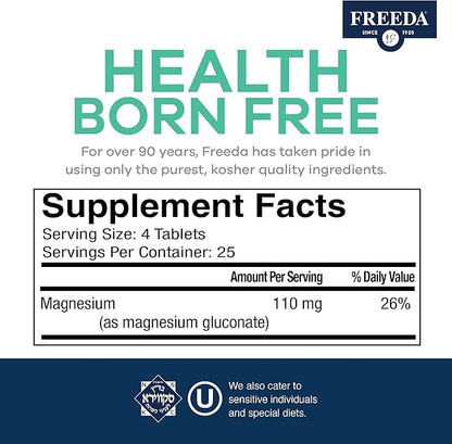 Freeda Magnesium Gluconate - Kosher Vegan Magnesium Supplement for Men & Women - Leg & Muscle Cramp and Spasm Relief - Natural Muscle Relaxer - Magnesio Vitamins and Supplements (100 Tablets)