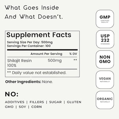 Himalayan Shilajit Resin - Authentic, Pure, Natural - 50 gram, 100 Servings - Lab Test Report Included - Standardized - 500mg - Fulvic Acid Supplement for Men & Women, Organic, Gold Grade