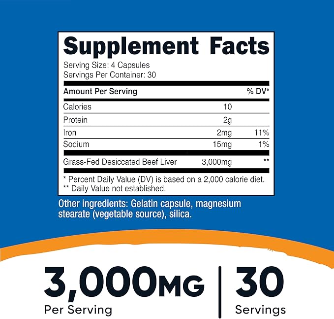 Nutricost Grass Fed Desiccated Beef Liver Capsules 3000mg (750mg Per Cap), 120 Capsules - No Hormones, Non-GMO, Gluten Free, Pasture-Raised, Free Range Beef