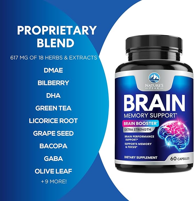 Brain Supplement Memory Pills - Nootropics Support for Concentration, Clarity, Energy & Focus - Brain Health with Bacopa, Cognitive Vitamins, Phosphatidylserine, DMAE - Brain Booster - 60 Capsules