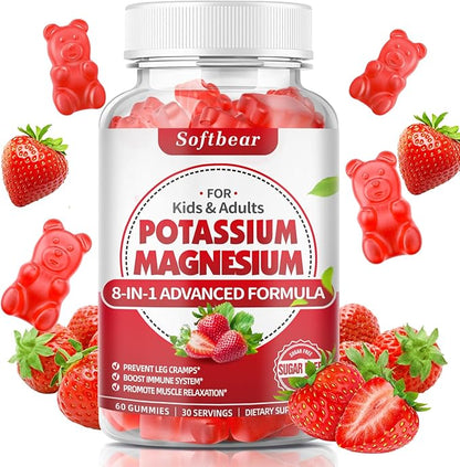 softbear Potassium Gummies for Adults, High Absorption Magnesium Potassium Supplement with Vitamin B6 for Leg Cramps & Muscle Health Sugar-Free Vegan Strawberry 60 Gummies