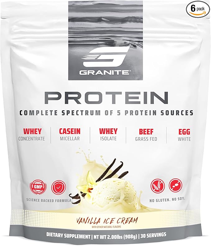 Granite Protein Powder | Whey Isolate & Concentrate| Casein for Lean Muscle Building & Workout Recovery | 30 Servings | Egg & Grass Fed Protein | 23g Protein from 5 Sources | Vanilla Flavor