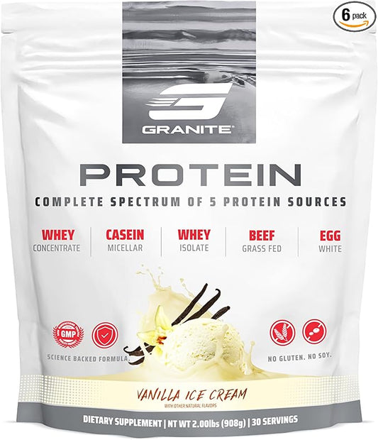 Granite Protein Powder | Whey Isolate & Concentrate| Casein for Lean Muscle Building & Workout Recovery | 30 Servings | Egg & Grass Fed Protein | 23g Protein from 5 Sources | Vanilla Flavor