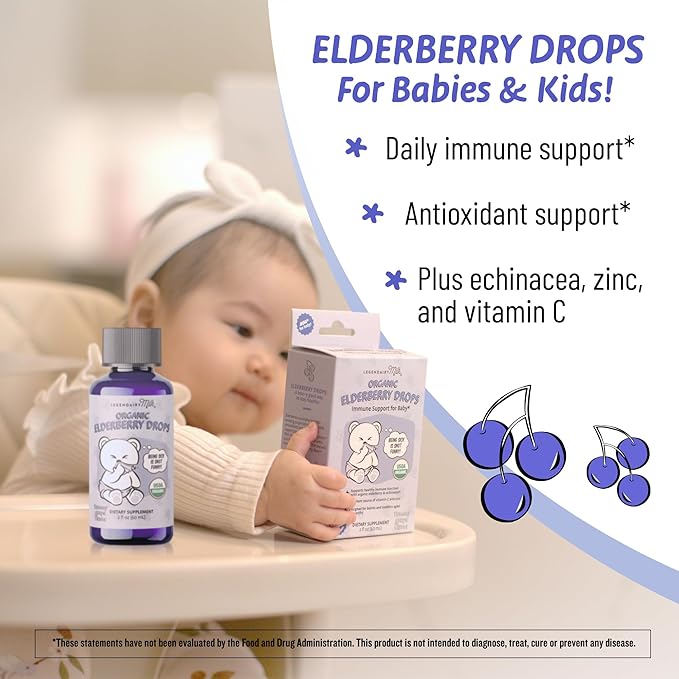 Legendairy Milk Organic Elderberry Drops - Baby Multivitamin with Echinacea, Vitamin C & Zinc for Immune Support - Ideal for Babies & Toddlers, Non-GMO - 30 Servings