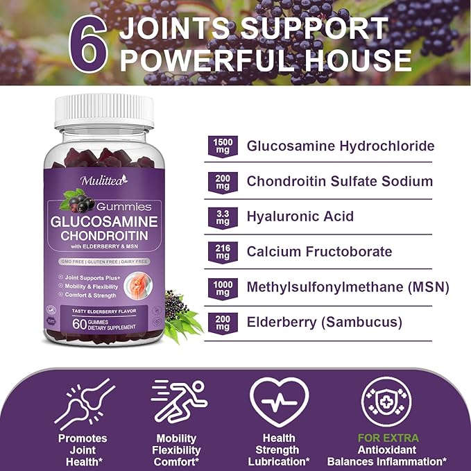 Glucosamine Chondroitin Gummies - Extra Strength Joint Support Supplement with MSM & Elderberry for Natural Joint, Antioxidant Immune Support for Adults, Men & Women-(1 Pack)