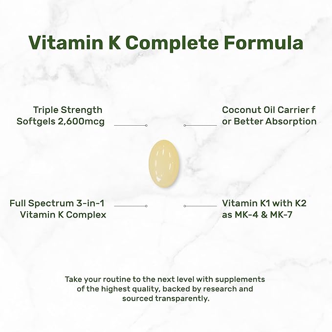 DEAL SUPPLEMENT Premium Vitamin K Complete - High Potency Vitamin K2 (MK-7 and MK-4) & K1, 240 Coconut Oil Infused Softgels - Full Spectrum Triple Vitamin K, Optimal Bone & Heart Health Support